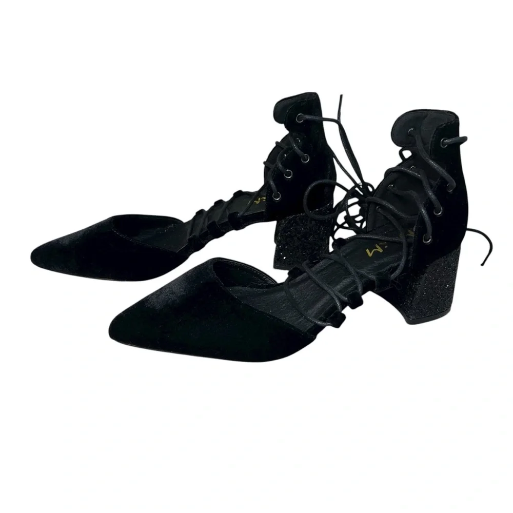 Mi.iM Black Velvet Block Glitter Heel Strappy Lace Up Shoes Pointed Toe Size 8.5